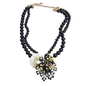 Vintage Beaded Double Strand Choker Necklace Adjustable Faux Diamond Shell